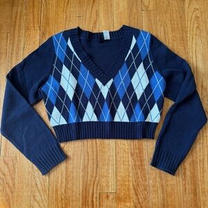 H&M Blue Argyle Cropped Sweater